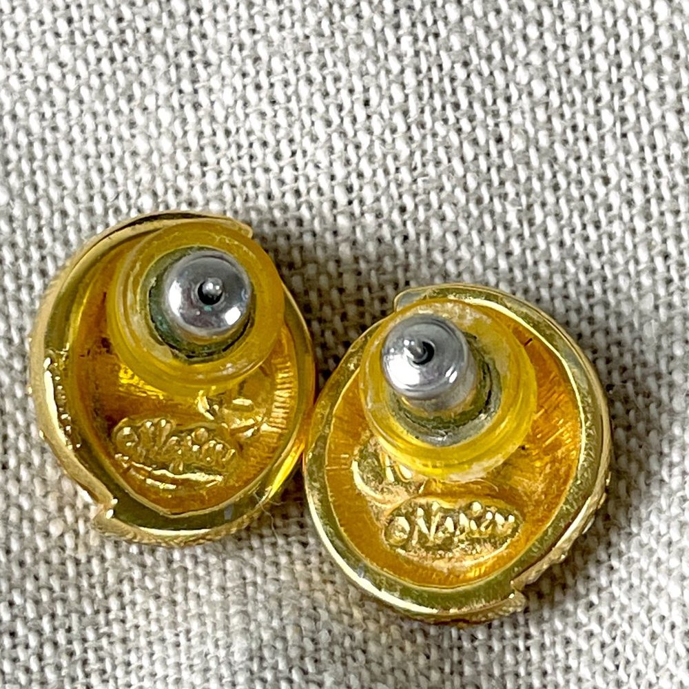 Napier gold tone and rhinestone pierced earrings - 80s vintage - Picture 4 of 5